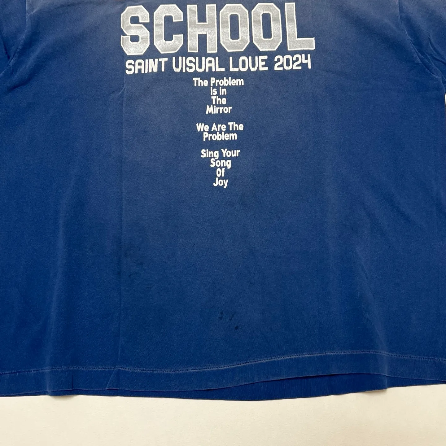 SAINT Mxxxxxx REALITY SCHOOL SS_TEE/NVY slogan distressed short-sleeves, washed blue S-XL, garment dyeing, horse fade, ultra-complex shearing and destruction treatment, correct version, cylindrical fabric, customized original consistent main mark/wash mark, original consistent silver powder printing, distressed treatment